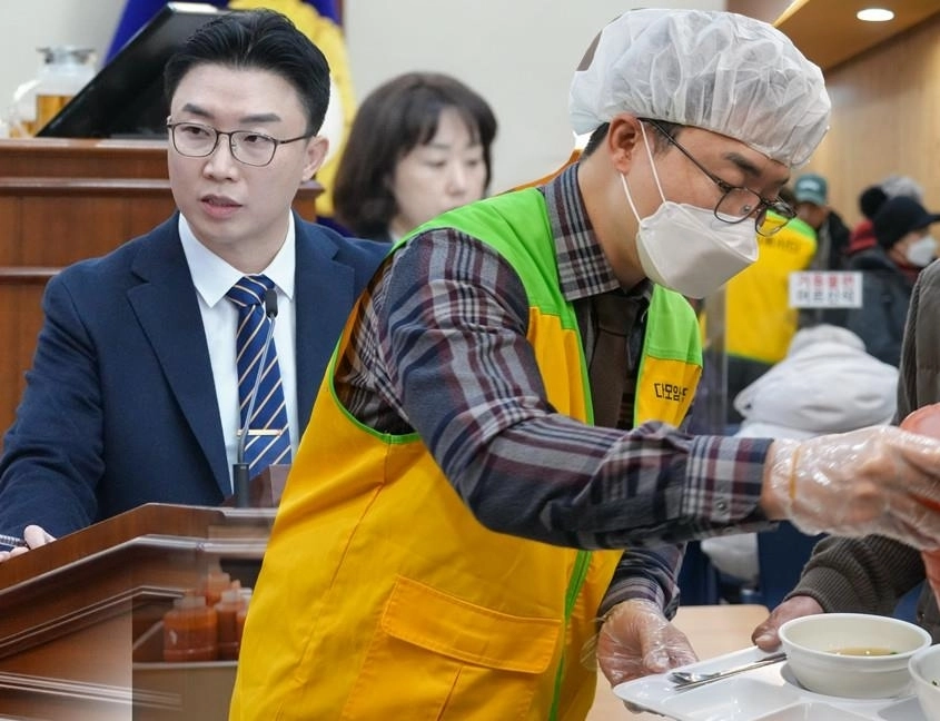 양기열 은평구의원의 구정질문 모습(왼쪽)과 무표 배식봉사 활동 모습. 사진:  양기열 의원 제공.