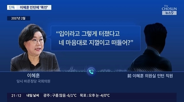이혜훈 기획예산처 장관 후보자가 2017년 바른정당 소속 국회의원이던 시절 의원실 인턴 직원에게 폭언했다는 의혹이 제기됐다. 자료 : TV조선