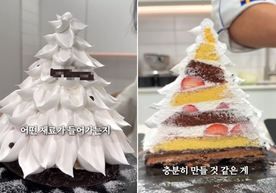 유튜버 ‘제로비’가 18만원짜리 호텔 트리 케이크를 유사하게 재현해 재료비를 계산하는 모습. 제로비 유튜브 캡처