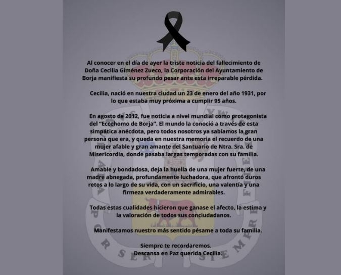 보르하시가 페이스북에 올린 세실리아 히메네스 추모 글. 보르하시는 “세실리아 여사의 슬픈 비보를 접하며, 보르하 시의회는 이 돌이킬 수 없는 상실에 깊은 애도를 표한다”면서 “세상은 유쾌한 해프닝을 통해 그녀를 알게 되었지만, 우리 모두는 그녀가 얼마나 훌륭한 사람이었는지 이미 잘 알고 있었다”고 전했다. 보르하시 페이스북 캡처