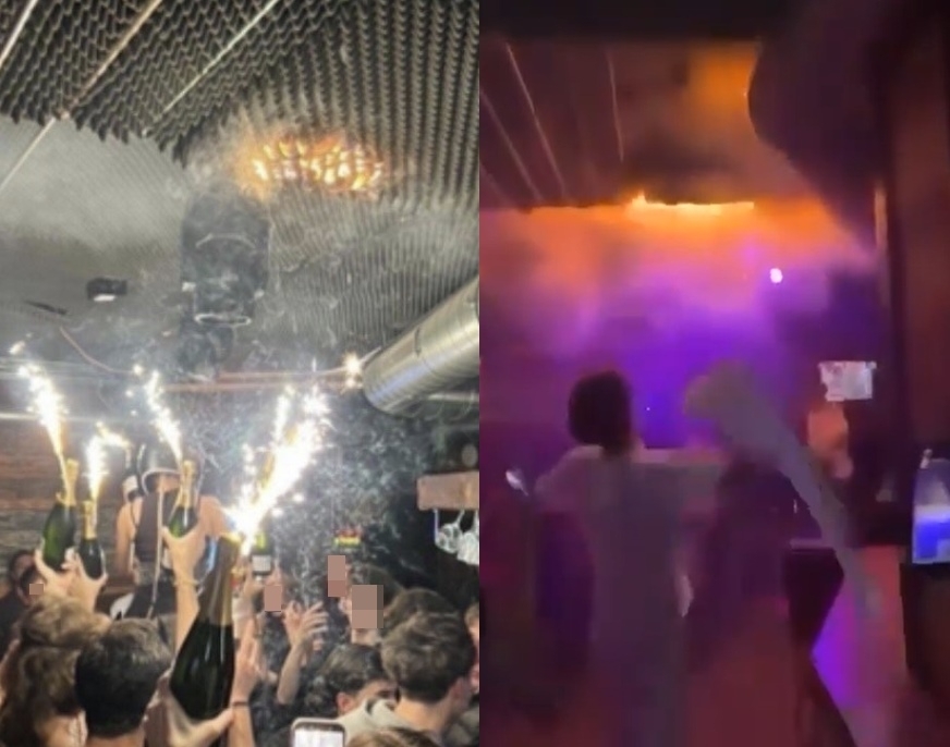 1일(현지시간) 스위스 크랑 몽타나의 한 술집에서 새해맞이 파티 도중 발생한 화재로 최소 40명이 숨지고 100여명이 부상을 입었다. 화재가 발생한 술집에서 파티를 즐기던 방문객들이 샴페인 병에 불이 붙은 폭죽을 꽂고 높이 들어올리는 모습(왼쪽)과 천장에 불이 붙어 한 남성이 수건으로 불을 끄려 하는 모습. 자료 : 엑스