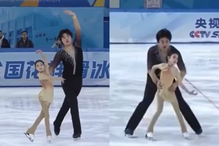 지난달 ‘2025-2026 중국 전국 피겨 스케이팅 선수권 대회’ 시니어 페어 부문에 출전한 허베이성 소속 리신쩌(9·여)와 리밍다(16·남)의 쇼트 프로그램 모습. 레딧 캡처