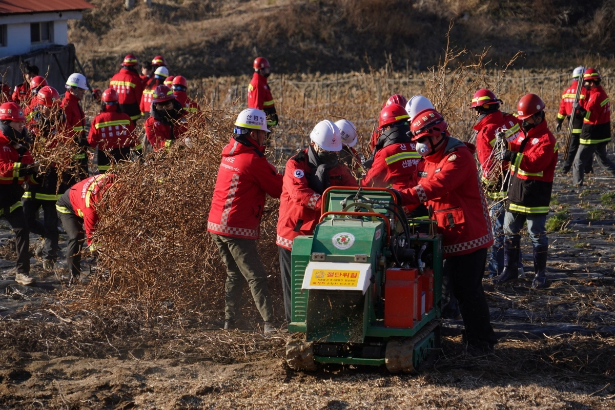 김인호 산림청장과 간부들이 5일 충남 청양군 충남산림자원연구소에서 시무식을 진행한 뒤 인근 밭에서 영농부산물 수거·파쇄 작업을 진행하고 있다. 산림청 제공