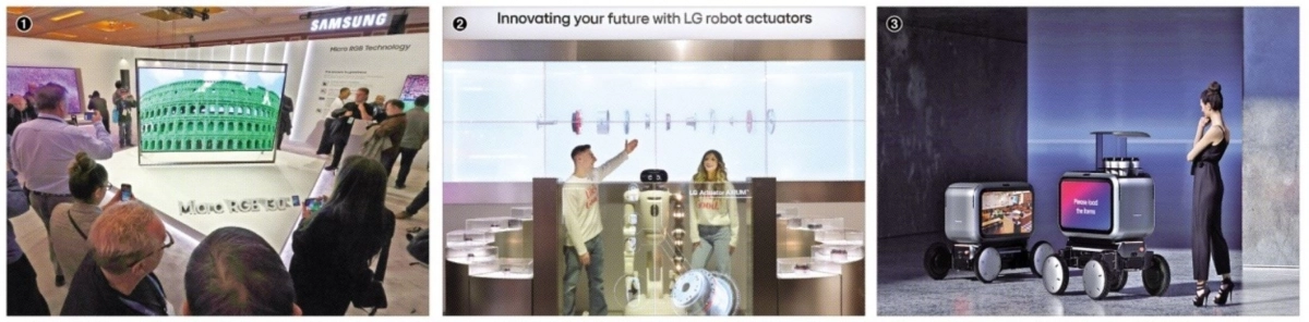 6일(현지시간) 미국 라스베이거스에서 개막하는 CES 2026을 앞두고 국내 주요 업체들의 제품에 대한 관심이 쏠리고 있다. ①관람객들이 4일(현지시간) 라스베이거스 윈호텔에서 열린 삼성전자 ‘더 퍼스트룩’ 행사 직후 ‘130형 마이크로 RGB TV’를 살펴보고 있다. ②LG전자가 6일 공개하는 홈로봇 ‘클로이드’와 로봇의 관절 역할을 하는 ‘LG 액추에이터 악시움’(흰색 원으로 표시된 부분). ③로보틱스 부문 최고혁신상을 받은 현대자동차의 차세대 자율주행 모빌리티 로봇 플랫폼 ‘모베드’. 라스베이거스 뉴스1·LG전자·현대자동차 제공