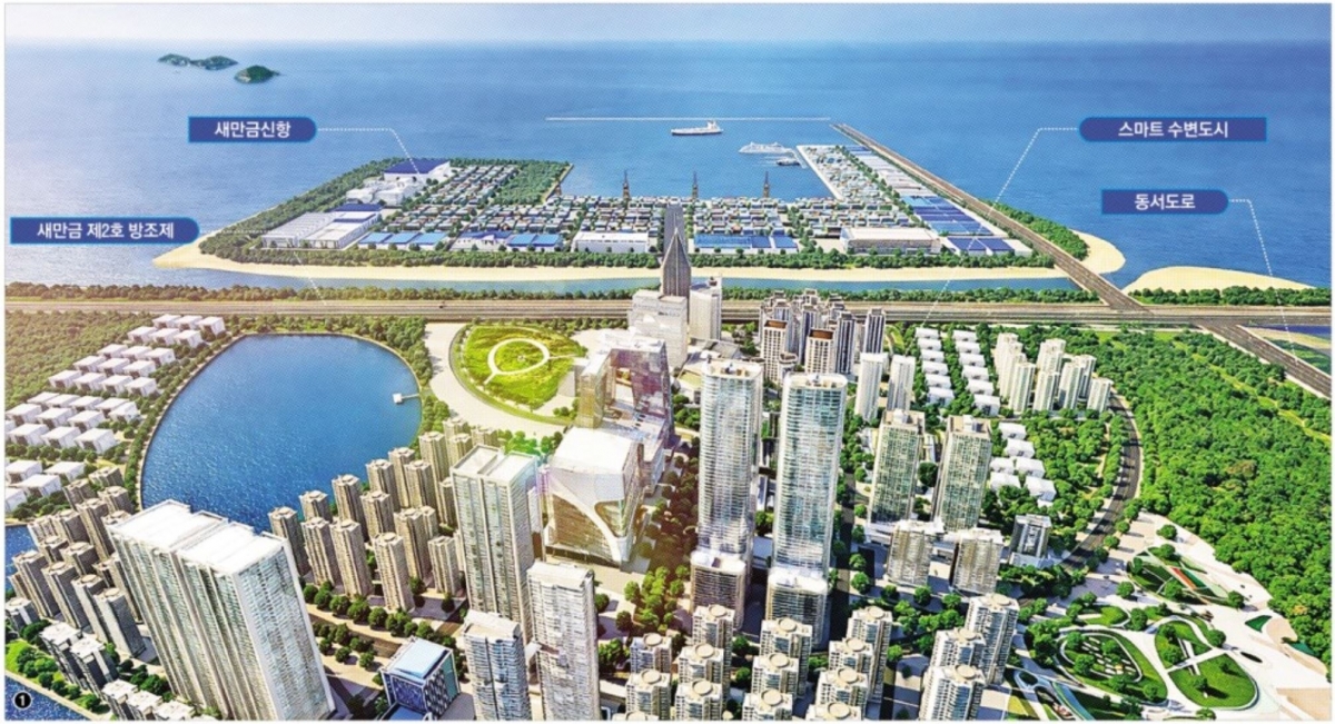 새만금 신항과 배후 부지 조감도. 새만금 2호 방조제 전면 해상에 5만t급 선박을 댈 수 있는 새만금 신항이 2040년까지 단계적으로 조성될 예정이다.  김제시 제공