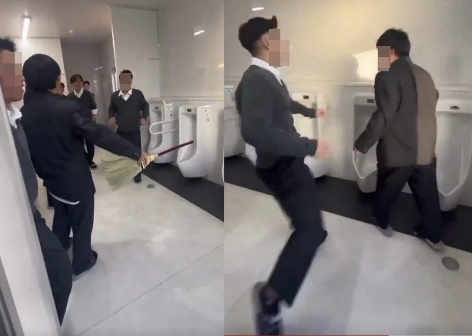 일본 도치기현의 한 고등학교에서 한 남학생이 또래 남학생을 무차별 폭행하는 영상이 소셜미디어(SNS)에 공개돼 파문이 일고 있다. 학교 화장실 안에서 한 남학생이 아무런 저항도 하지 않는 또래 남학생을 여러 차례 폭행하고, 현장에 있던 학생들은 마치 격투기 경기를 관람하듯 환호하는 모습이 고스란히 담겼다. 자료 : 엑스(X)