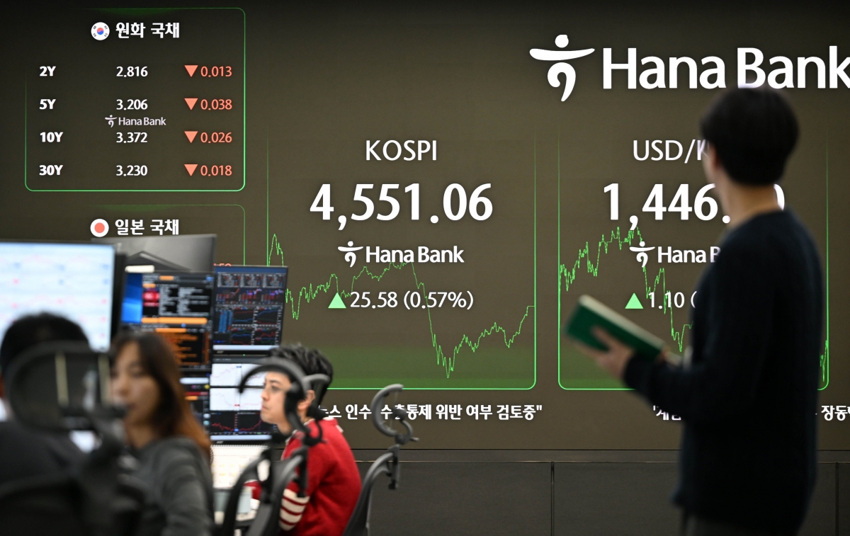 코스피가 사상 최고치 마감을 경신한 7일 서울 중구 하나은행 딜링룸 현황판에 코스피 종가가 표시돼있다. 코스피는 이날 사상 처음 4600선을 돌파한 뒤 장중 등락을 거듭하다 4550대에서 상승 마감했다. 홍윤기 기자