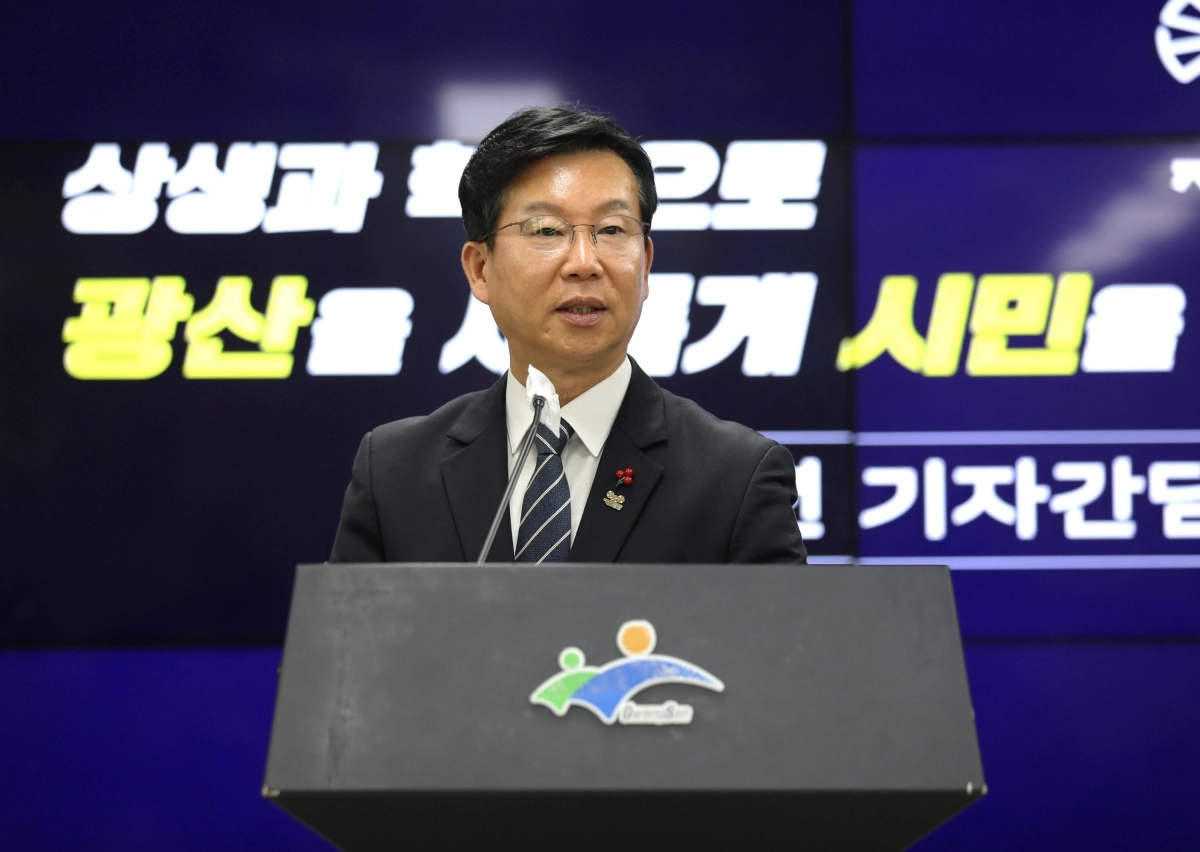 박병규 광주광역시 광산구청장이 7일 구청 2층 회의실에서 신년 기자간담회를 열고 새해 구정 운영 방향을 밝히고 있다. 광주광역시 광산구청 제공