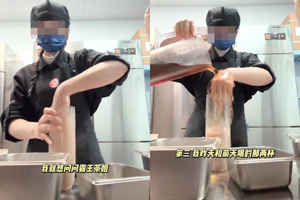 중국의 유명 음료 프랜차이즈의 한 직원이 맨손으로 음료를 만드는 장면을 직접 촬영해 현지에서 논란이 됐다. 웨이보 캡처