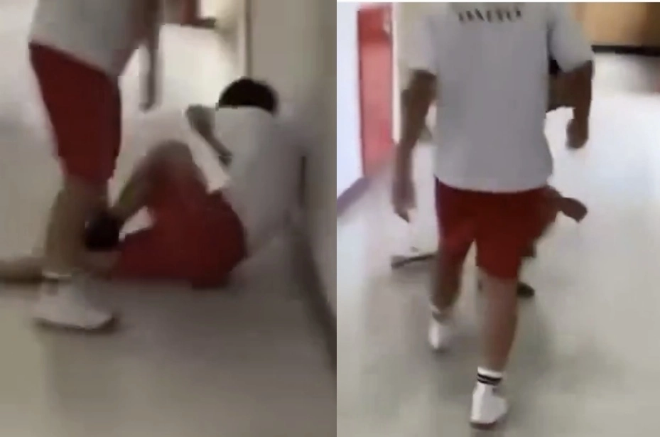 일본 오이타현의 한 중학교에서 촬영돼 소셜미디어(SNS)에 확산한 학교 폭력 영상. 한 학생이 복도에서 또래 학생을 무차별 폭행하고, 피해 학생은 아무런 저항도 하지 못하고 있다. 자료 : 엑스