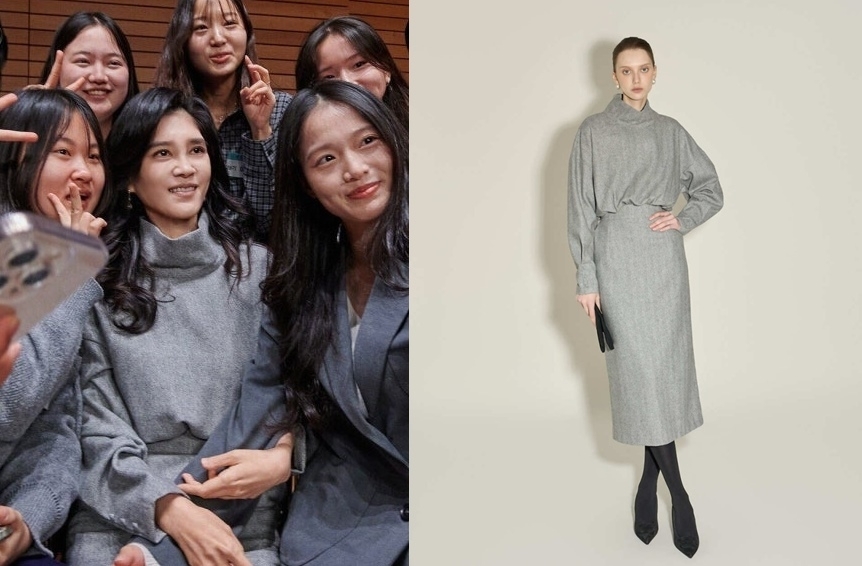 이부진 호텔신라 사장이 9일 서울 용산구 리움미술관 대강당에서 열린 두을장학재단의 ‘2026년 장학증서 수여식’에 참석해 장학생들과 ‘셀카’를 찍고 있다.(왼쪽) 이날 이 사장이 착용한 원피스는 국내 브랜드 ‘딘트’의 ‘하이넥 울 원피스’로, 판매가는 17만 7000원이다. 자료 : 두을장학재단·딘트