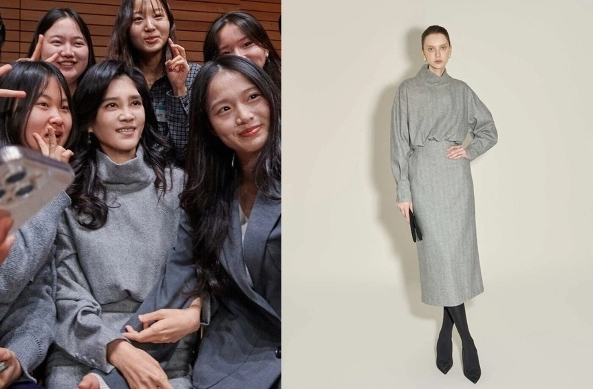 이부진 호텔신라 사장이 9일 서울 용산구 리움미술관 대강당에서 열린 두을장학재단의 ‘2026년 장학증서 수여식’에 참석해 장학생들과 ‘셀카’를 찍고 있다.(왼쪽) 이날 이 사장이 착용한 원피스는 국내 브랜드 ‘딘트’의 ‘하이넥 울 원피스’로, 판매가는 17만 7000원이다. 자료 : 두을장학재단·딘트