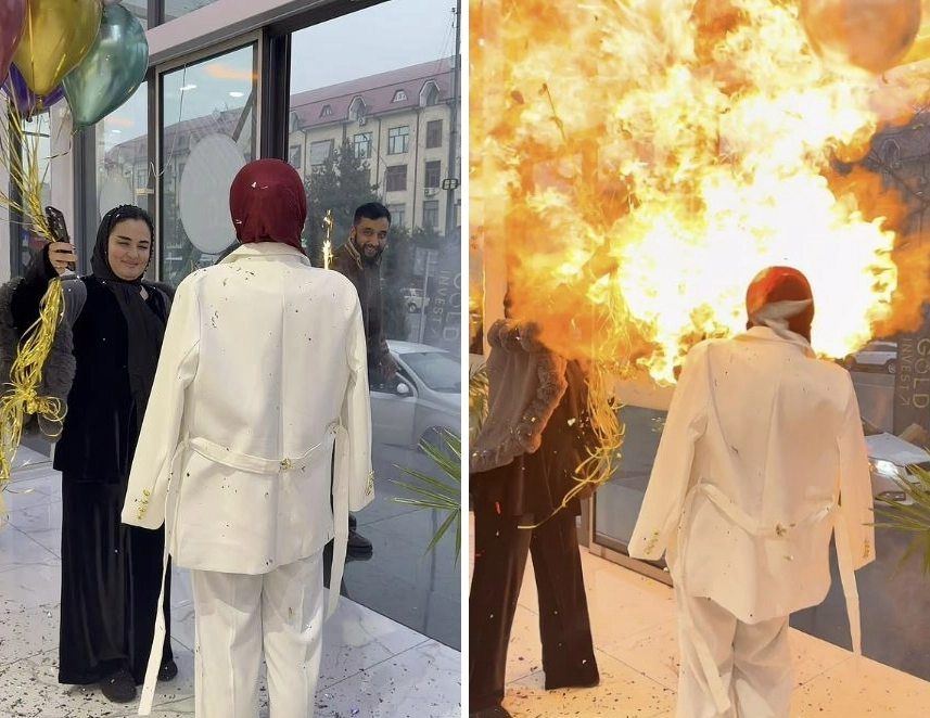 우즈베키스탄 중부 부하라의 한 상점에서 생일 파티 도중 수소 풍선이 폭발해 화염에 휩싸인 순간. 데일리메일 캡처