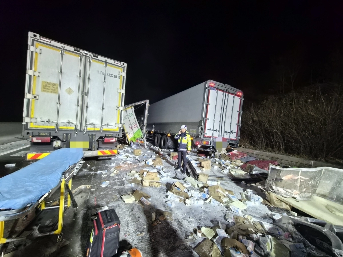 12일 오전 2시 46분쯤 청주시 상당구 문의면 서산영덕고속도로 청주 방향 문의청남대휴게소 인근에서 발생한 교통사고 현장. 충북도소방본부 제공.