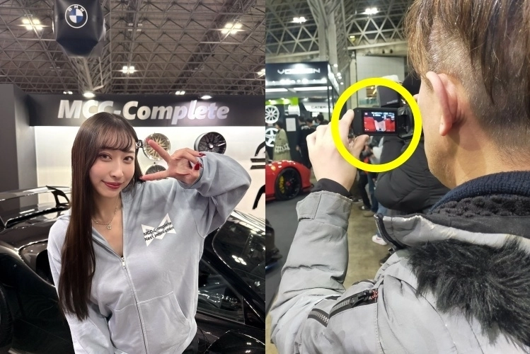 일본 레이싱모델 세나 히나노는 하반신만 확대해 촬영하는 것을 멈춰달라고 호소했다. 사진은 세나(사진 왼쪽)와 그의 하반신을 확대해(노란 원) 촬영하는 남성의 뒷모습. 세나 히나노 엑스(X) 캡처