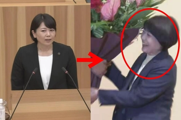 기혼 남성 직원과 러브호텔에 드나든 사실이 발각돼 사퇴했던 일본 군마현 마에바시시의 오가와 아키라(43) 전 시장이 자신이 사퇴한 뒤 치러진 시장 선거에 출마해 당선되며 시장직에 복귀했다. 사진은 지난해 시의회 정례회에서 사과하는 오가와 전 시장의 모습(왼쪽)과 지난 12일 당선된 후 축하받는 오가와 전 시장의 모습. NHK 보도화면 캡처