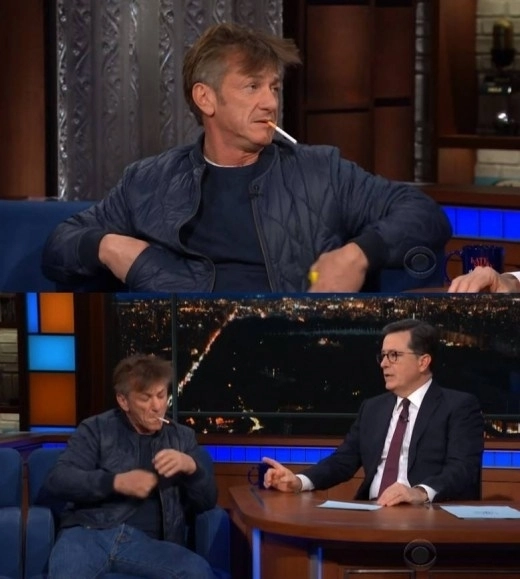 토크쇼 도중 호주머니에서 담배를 꺼내 자연스럽게 피는 숀 펜. CBS ‘레이트 쇼’ 캡처