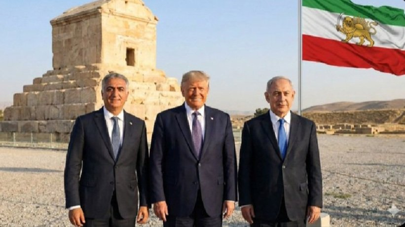 레자 팔레비(왼쪽)와 도널드 트럼프(가운데) 미국 대통령, 베냐민 네타냐후 이스라엘 총리가 함께 있는 합성 사진. 엑스 캡처