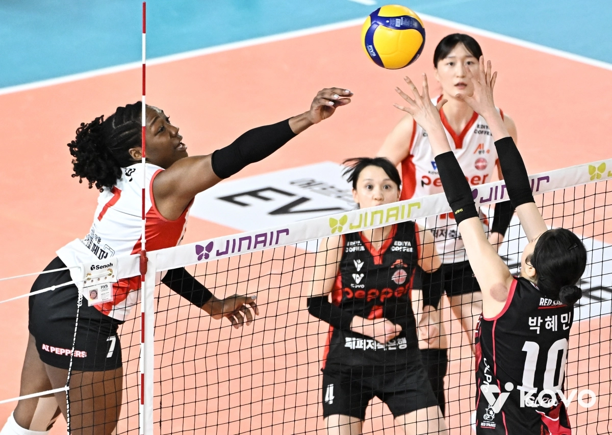 페퍼저축은행 조이(왼쪽)가 13일 대전 충무체육관에서 열린 2025~26 프로배구 V리그 여자부 정관장과 경기에서 상대 블로킹을 공략하고 있다. 한국배구연맹 제공