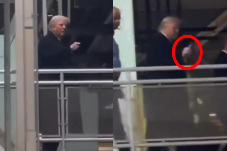 도널드 트럼프 미국 대통령이 공개 행사 도중 자신을 향해 야유를 보낸 인물에게 ‘손가락 욕설’(붉은 원)을 하는 모습이 포착됐다. 엑스(@thejtlewis) 캡처