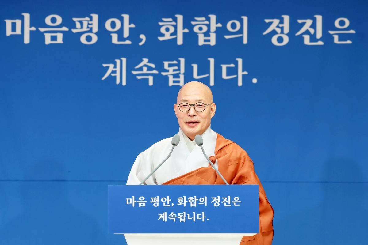 대한불교조계종 총무원장인 진우스님이 14일 서울 종로구 한국불교역사문화기념관에서 신년 기자회견을 하고 있다. 조계종 제공