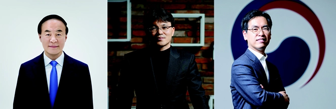 왼쪽부터 전영현 삼성전자 부회장, 한기수 필옵틱스 대표이사, 김민재 행정안전부 차관. 한양대 제공