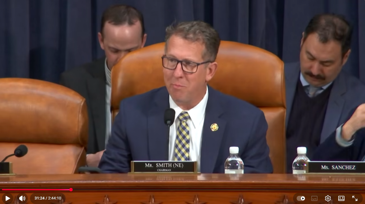 13일(현지시간)  ‘미국 혁신 및 기술 리더십 유지’ 청문회에 참석한 미 하원 세입위원회 무역소위 위원장인 에이드리언 스미스 공화당 의원. 미국 하원 세입위원회 유튜브 캡처