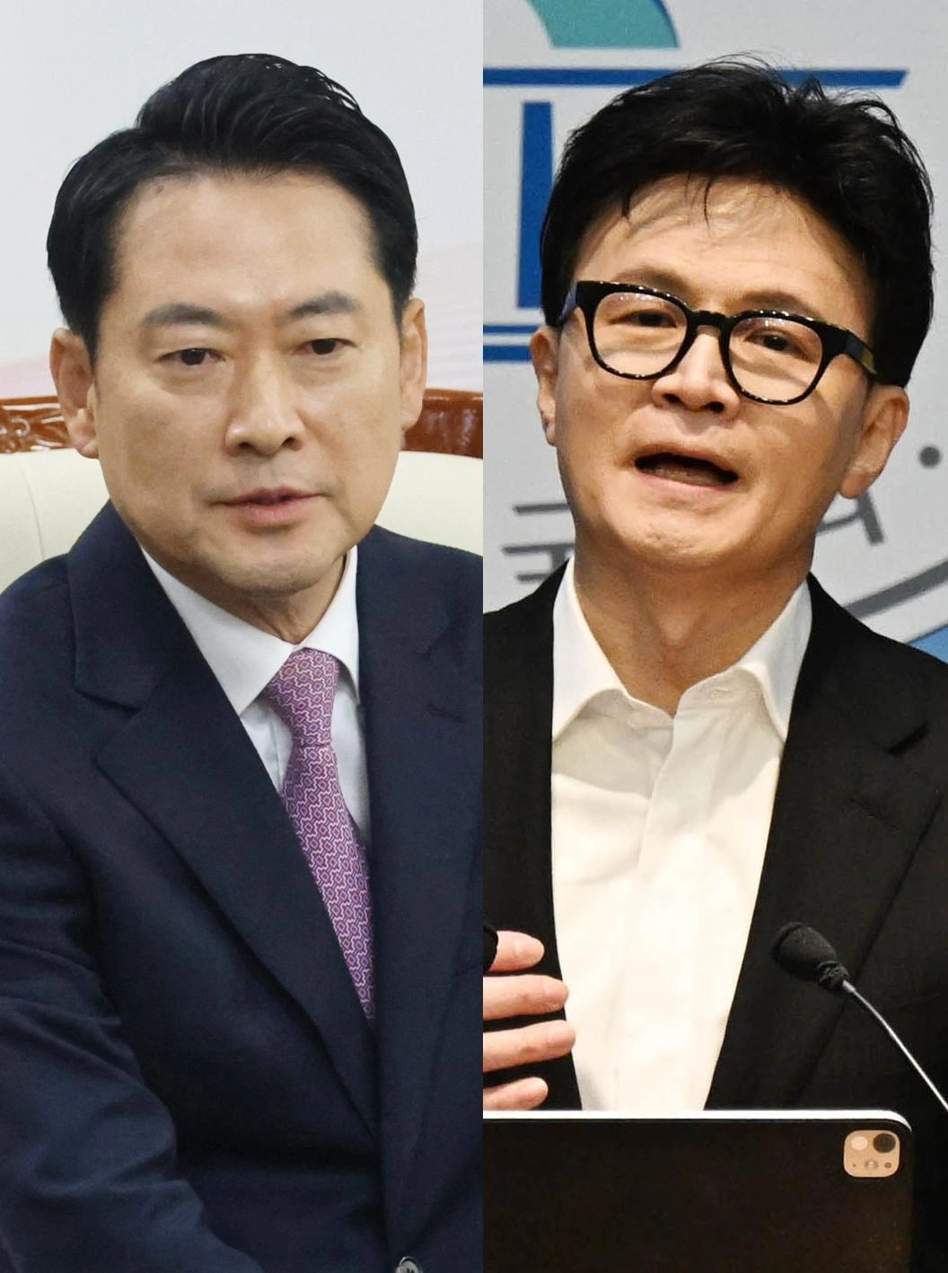 장동혁 대표 체제에서 구성된 국민의힘 윤리위원회가 14일 새벽에 한동훈 전 대표에 대해 전격 제명을 결정하면서 당내 갈등이 최고조로 치닫고 있다. 왼쪽은 장 대표가 14일 대전시청에서 진행된 ‘대전·충남 통합 관련 정책협의’에 참석한 모습. 오른쪽은 한 전 대표가 같은 날 국회 소통관에서 기자회견을 열고 입장을 밝히는 모습이다. 대전 연합뉴스·서울 홍윤기 기자