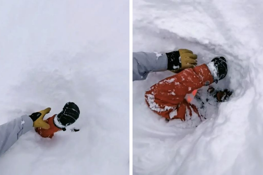 마테오 질라(37)가 지난 10일 스위스 엥겔베르크에서 스키를 타다 눈 속에 튀어나온 팔을 발견하고 구조에 나선 모습. 케이터 뉴스