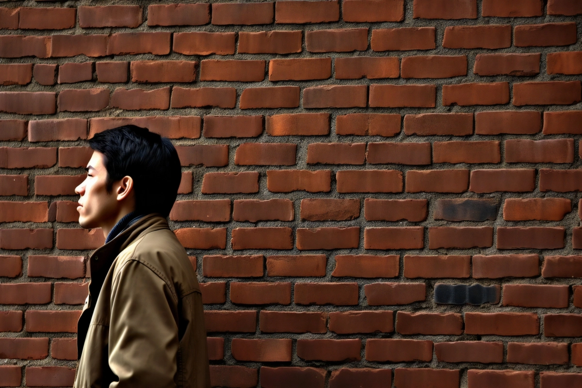 벽 앞에 서 있는 젊은 남성. 123rf