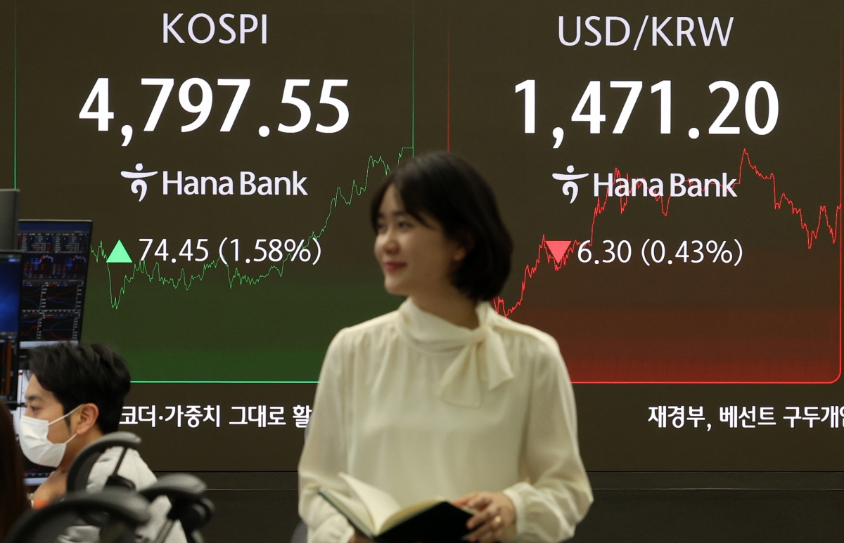 15일 코스피가 전 거래일(4723.10)보다 74.45포인트(1.58%) 상승한 4797.55에 마감한 15일 오후 서울 중구 하나은행 딜링룸 전광판에 지수가 표시되어 있다. 코스닥 지수는 전 거래일(942.18)보다 8.98포인트(0.95%) 오른 951.16, 서울 외환시장에서 원·달러 환율은 전 거래일(1477.5원)보다 7.8원 내린 1469.7원에 주간 거래를 마감했다. 2026.01.15. 뉴시스