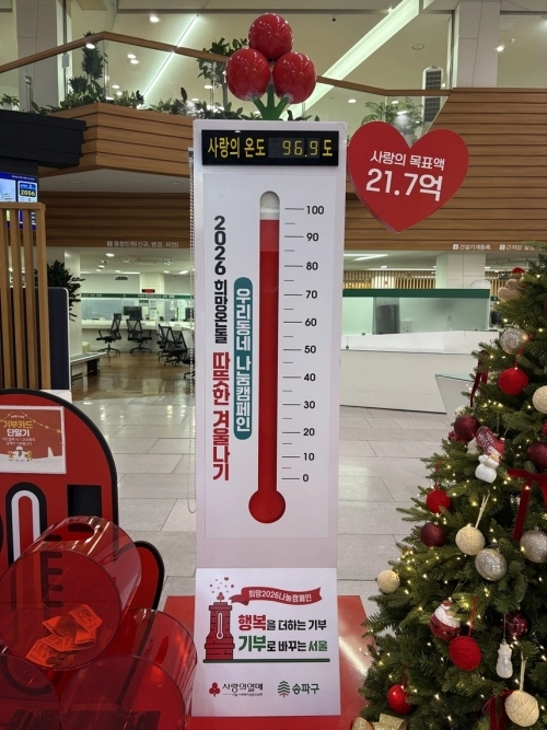 송파구 청사 1층에 설치된 ‘2026 희망온돌 따뜻한 겨울나기’ 모금 캠페인의 현황을 나타내는 ‘사랑의 온도탑’이 15일 96.9도의 온도를 기록하고 있다. 송파구 제공