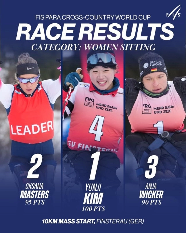 2026 국제스키연맹 파라 크로스컨트리 월드컵에서 우승한 김윤지(가운데). 국제스키연맹 인스타그램 캡처