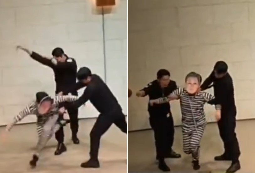 지난해 12월 2일 서울 은평구 은평제일교회에서 열린 ‘계엄 전야제’ 행사에서 상연된 연극 일부 장면. 곤봉을 든 두 사람이 이재명 대통령 가면을 쓴 사람을 구타하고 무릎 꿇리는 장면을 연출하고 있다. 극우추적단 카운터스 엑스 캡처