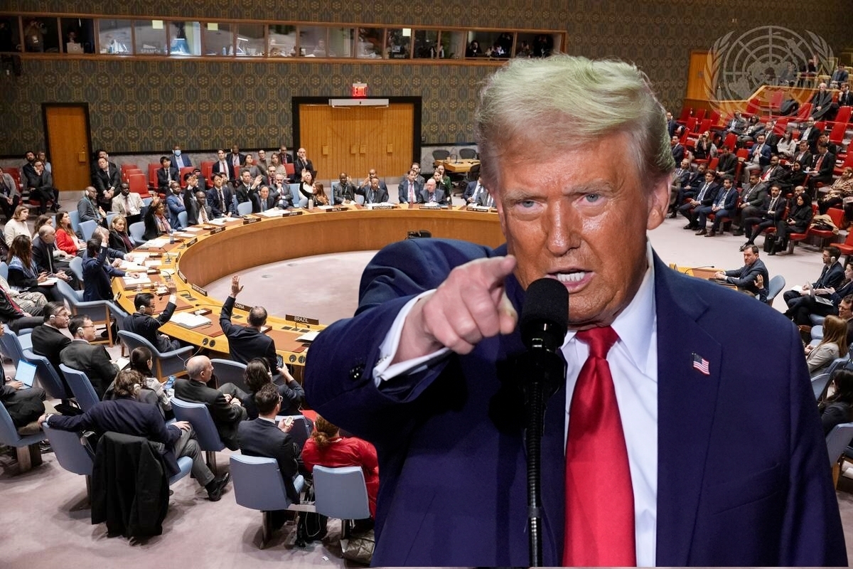 2023년 12월 22일(현지시간) 미국 뉴욕 유엔 본부에서 열린 유엔 안전보장이사회 회의에서 이사국 대사들이 가자 사태에 대한 결의안 채택을 두고 논의하는 모습과 도널드 트럼프 미국 대통령 얼굴을 합성한 사진. 유엔 안전보장이사회 홈페이지/AP 연합뉴스