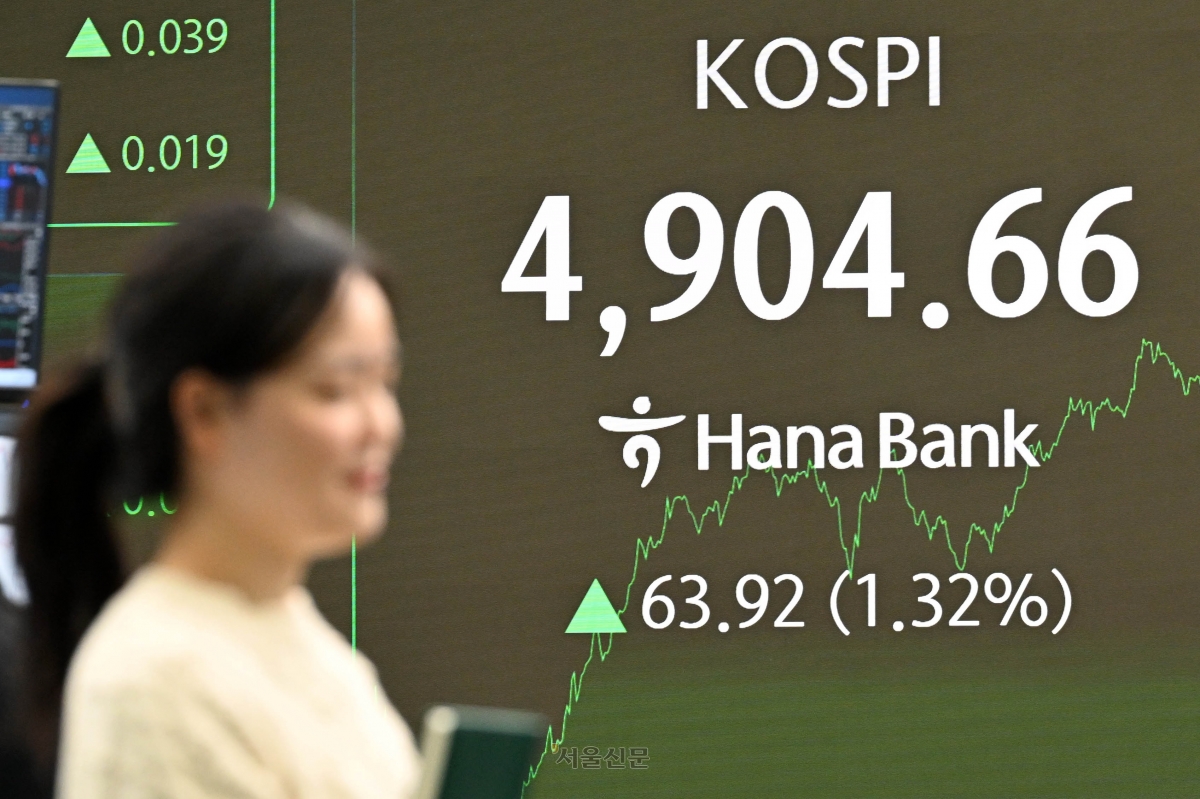 코스피가 장중 사상 첫 4900선을 돌파한 19일 서울 중구 하나은행 본점 딜링룸 전광판에 종가 현황이 나타나고 있다. 이날 코스피는 전장보다 63.92포인트(1.32%) 오른 4,904.66에 장을 마치며 종가 기준 사상 최고치를 또 경신했다. 2026.1.19 홍윤기 기자