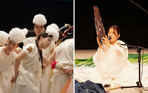 18회 공연예술창작산실 올해의신작 2차 라인업에 오른 ‘여성농악–안녕, 평안굿’(왼쪽)과 생황 연주자 김효영의 음악극 ‘숨×굿’(오른쪽). 한국문화예술위원회 제공