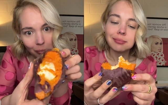 미국 조지아주의 인플루언서 코트니 쿡(Courtney Cook)이 2025년 12월 군고구마 속에 치즈스틱을 넣어 먹는 영상이 틱톡에서 1050만회를 이상을 기록하며 화제가 되고 있다. 2026.1.20 틱톡