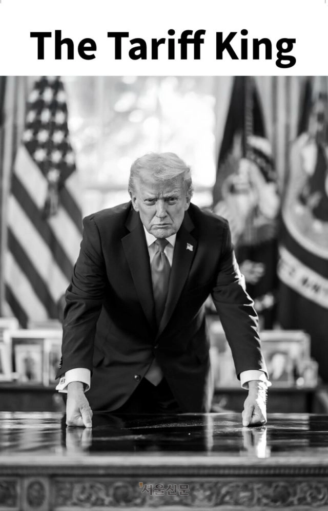 트럼프 대통령은 지난 16일(현지시간) 본인 SNS 트루스소셜에 본인이 백악관 집무실로 추정되는 장소에서 책상 위에 주먹을 올리고 정면을 응시하는 흑백 사진을 올리고, 관세 왕이라는 문구를 적었다. /트루스소셜 갈무리