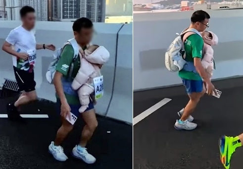 홍콩에서 열린 국제 마라톤 대회에서 한 남성이 신생아를 안은 채 달리다 퇴장당하고 경찰 조사까지 받는 사건이 발생했다. 유튜브 영상 캡처