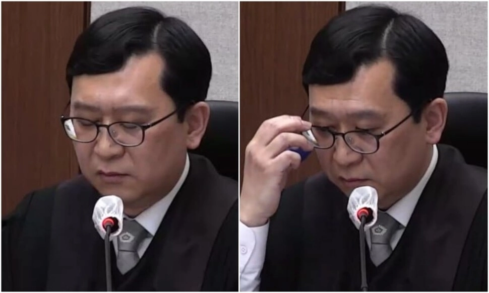 2026년 1월 21일 한덕수 전 국무총리에 대한 1심 선고 공판에서 이진관 부장판사가 “무장한 계엄군에 맨몸으로 맞서 국회를 지킨 국민의 용기에 의한 것이다”라고 말한 뒤 목이 메는 모습을 보이고 있다. 서울중앙지법 제공