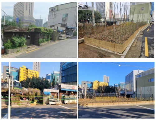 서울 서대문구가 장기간 무단 점유돼 도시 경관을 저해하던 경의중앙선 철로 주변)을 ‘완충녹지’로 복원했다. 사진은 전후 비교 모습.  서대문구 제공