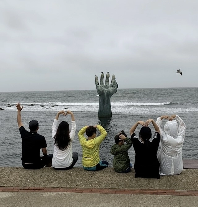 경북 포항 호미곶 해맞이광장 ‘상생의 손’ 조형물 앞에서 위탁부모 이현정씨 가족이 기념촬영을 하고 있다. 가운데 두 아이가 이씨가 돌보는 위탁 아동이다. 이현정씨 제공