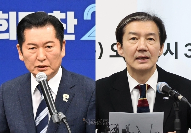 정청래(왼쪽) 더불어민주당 대표가 22일 국회에서 긴급 기자회견을 열고 조국혁신당과의 합당을 제안하고 있다. 오른쪽 사진은 조국 조국혁신당 대표가 이날 전북 전주시 조국혁신당 전북도당에서 열린 ‘전북 현장 최고위원회’에서 모두발언을 하고 있는 모습.  홍윤기 기자·뉴스1