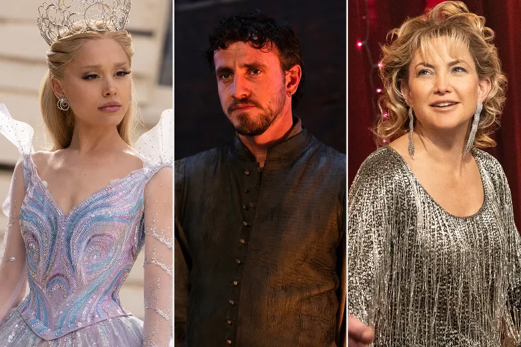 오스카의 이변으로 꼽힌 아리아나 그란데 주연의 ‘위키드: 포 굿’(왼쪽) , 폴 메스칼 ’햄넷‘(가운데), 케이트 허드슨의 ’송 썽 블루‘. 온라인 갈무리.