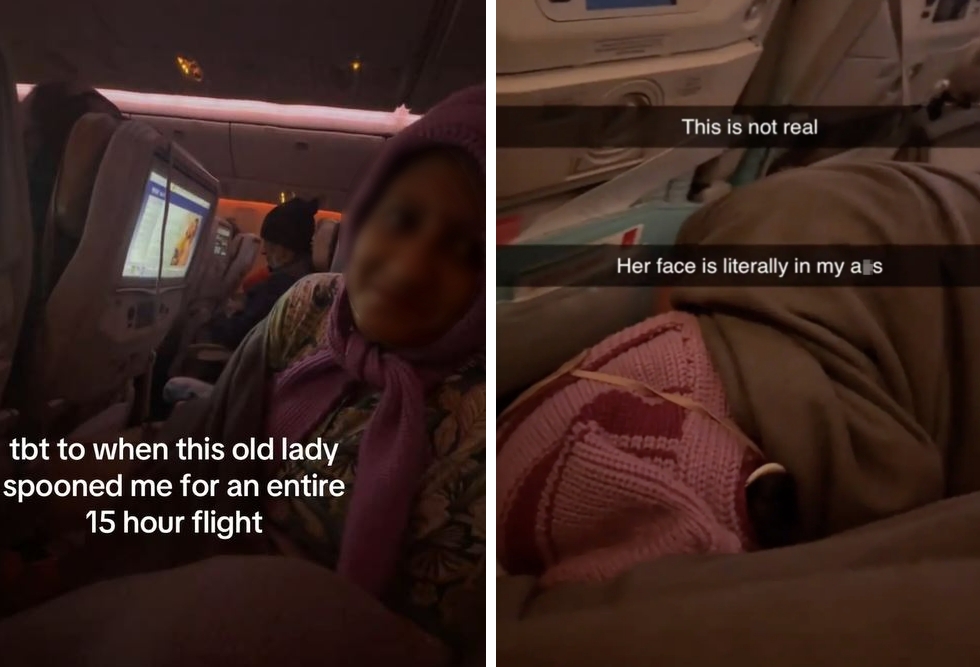 에미레이트항공 기내에서 한 노부인이 옆자리 승객의 엉덩이에 얼굴을 대고 누워 있는 모습. 틱톡 캡처