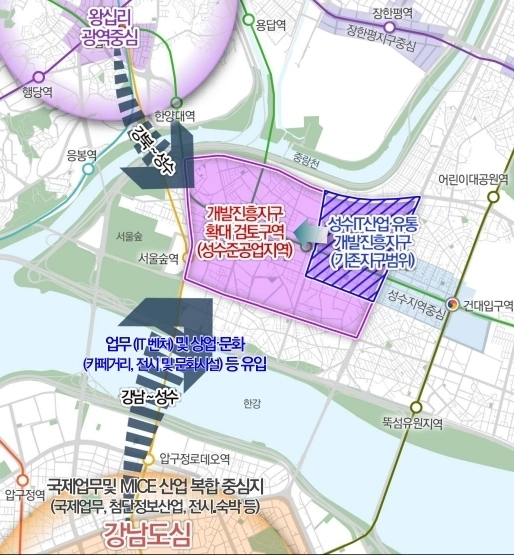지난 21일 열린 서울시 도시계획위원회에서 ‘성수IT문화콘텐츠산업·유통개발진흥지구 결정(변경)안’이 가결됐다. 사진은 진흥지구 위치도. 성동구 제공