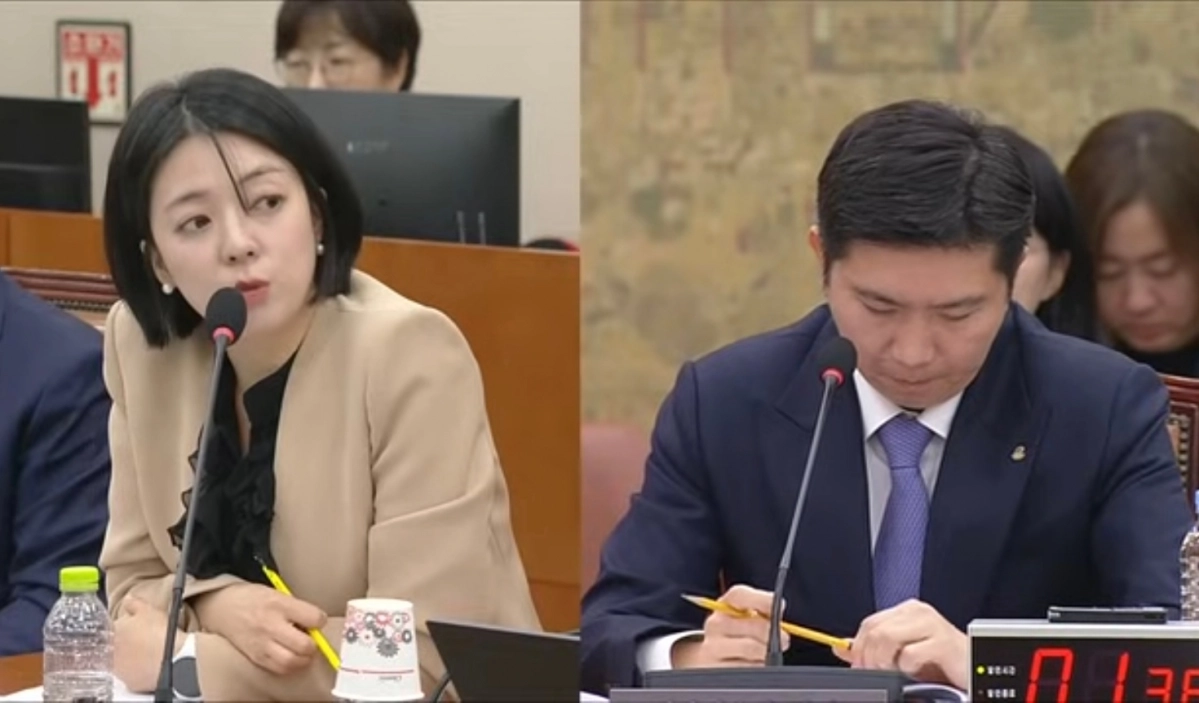 배현진(왼쪽) 국민의힘 의원이 지난해 10월 27일 국회 문화체육관광위원회의 대한체육회 국정감사에서 유승민 체육회장에게 ‘스키 승부조작 의혹’을 지적하며 대책 마련을 촉구하고 있다. SBS 유튜브 캡처