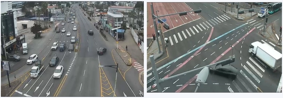 516로에 속하는 서귀포 비석사거리(왼쪽) 교차로에서 제주대사거리(오른쪽). 제주도자치경찰단 교통정보 CCTV 캡처