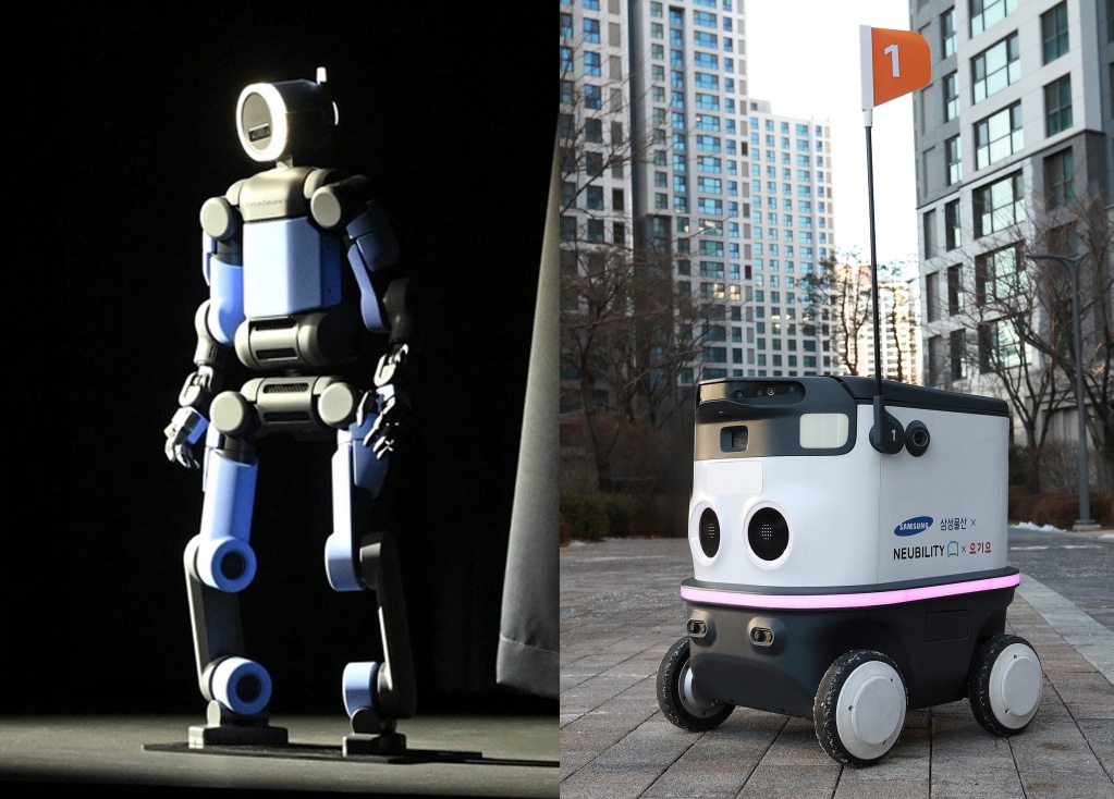 현대차의 로봇 계열사인 보스턴다이내믹스가 공개한 휴머노이드 로봇 ‘아틀라스’ (왼쪽) 그동안 차를 아무리 잘 팔아도 지지부진하던 주가가 로봇으로 재평가 받으며 주가가 수직상승했다. 오른쪽 사진은 삼성물산이 지은 ‘서초 래미안 리더스원’에 도입된 현관문 앞까지 찾아가는 음식배달로봇.   현대자동차 기아·삼성물산 제공